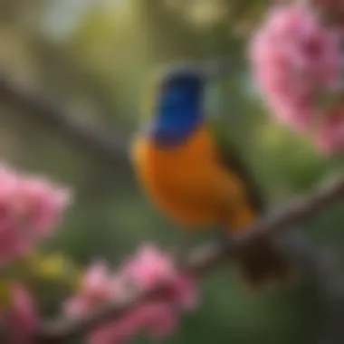 Sunbird Amidst Blooming Flora A colorful sunbird perched on a branch surrounded by blossoms