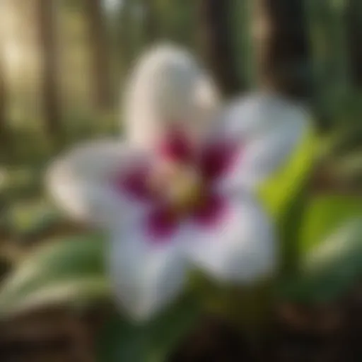 Close-up of a vibrant trillium flower in a woodland setting