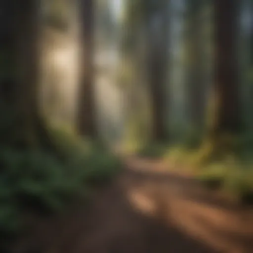 A peaceful trail in Redwood National Park, showcasing towering trees and a clear path for dog walking.