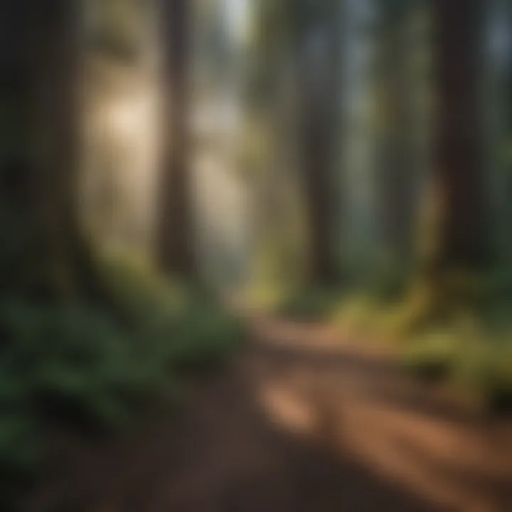 A peaceful trail in Redwood National Park, showcasing towering trees and a clear path for dog walking.