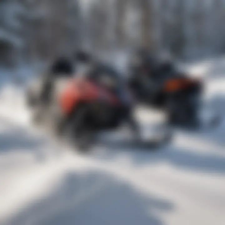 Close-up of essential snowmobiling gear laid out on fresh snow