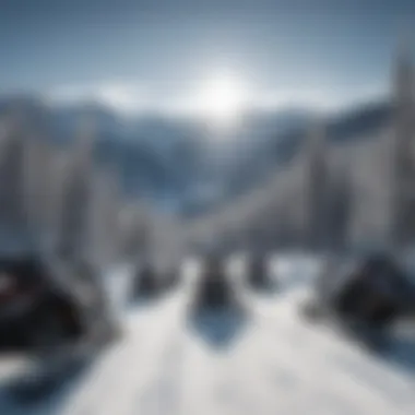 Snowmobiles parked against a backdrop of snow-capped mountains