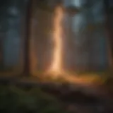 A dramatic lightning strike illuminating a forest during a thunderstorm.