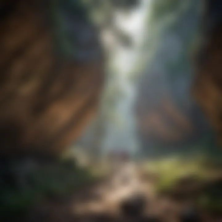 A serene outdoor scene showing a group of hikers seeking shelter under a rock formation.