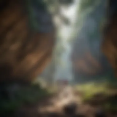 Hikers Finding Shelter A serene outdoor scene showing a group of hikers seeking shelter under a rock formation.