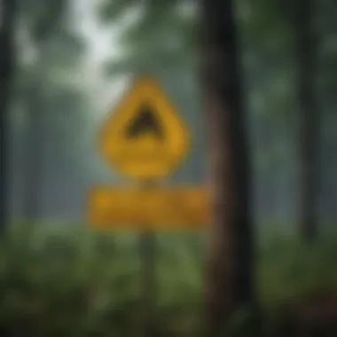 A close-up of a weather alert sign warning of thunderstorms in a park.