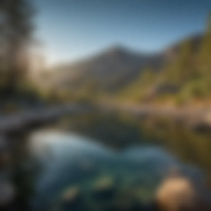 Crystal clear waters of a hot spring with mountain backdrop