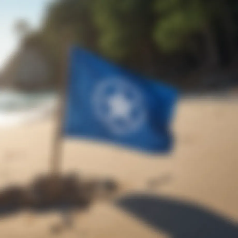 A serene beach displaying the Blue Flag symbol, representing environmental quality.