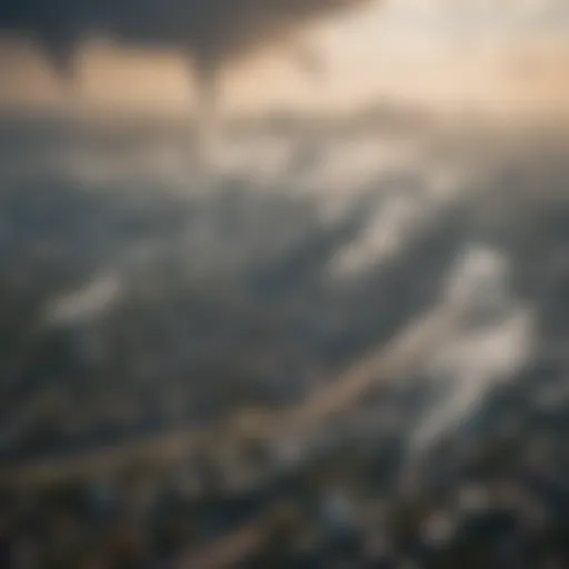 Aerial view of a city covered in smog