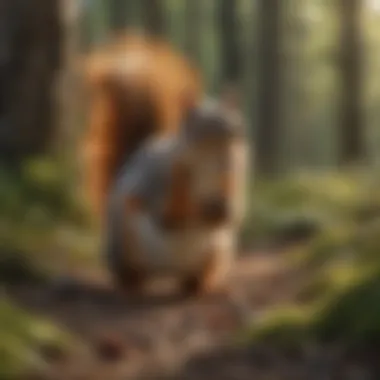 Close-up of a squirrel foraging for food on the forest floor