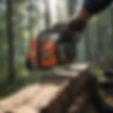 Close-up of a chainsaw bar being cleaned with a specialized tool