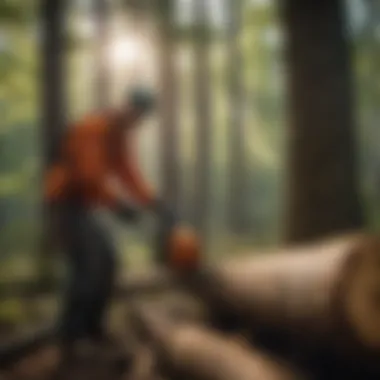 Forestry professional using a chainsaw bar cleaning tool in a forest setting