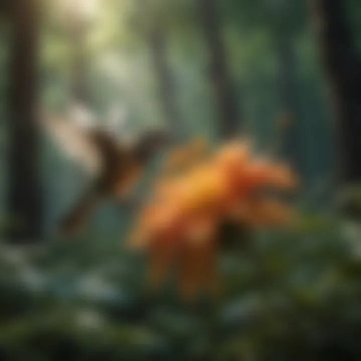 A bird pollinating a flower in a lush forest