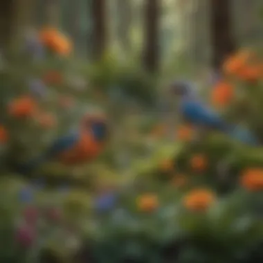 Diversity of Bird Species Among Flowering Plants Different bird species feeding on diverse flowering plants