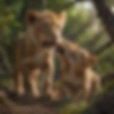 Lion Cubs Engaging in Play within their Ecosystem Lion cubs playing in a lush ecosystem