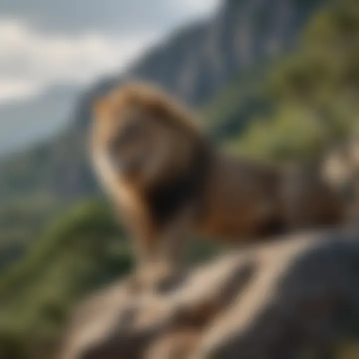 A lion surveying the landscape from a rocky outcrop