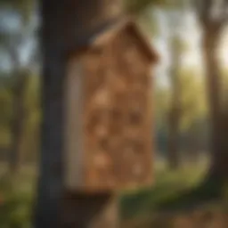 Close-up of an orchard bee house filled with nesting holes.