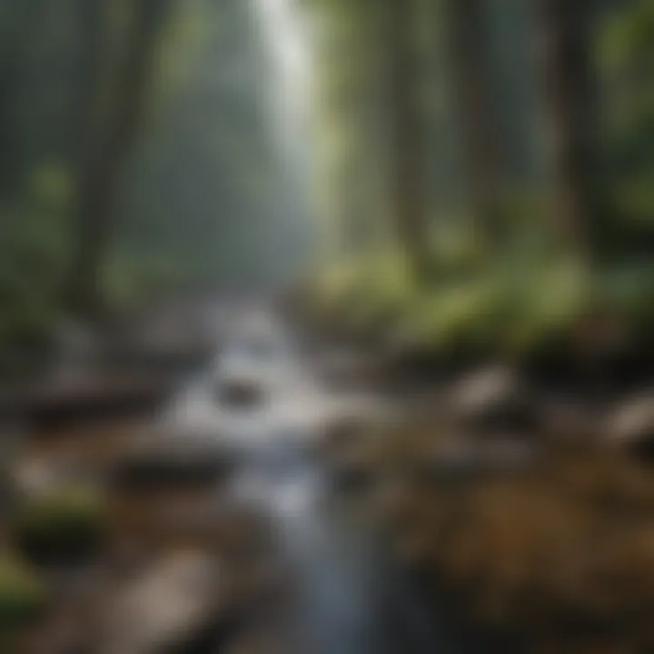 A tranquil stream flowing through the woodland