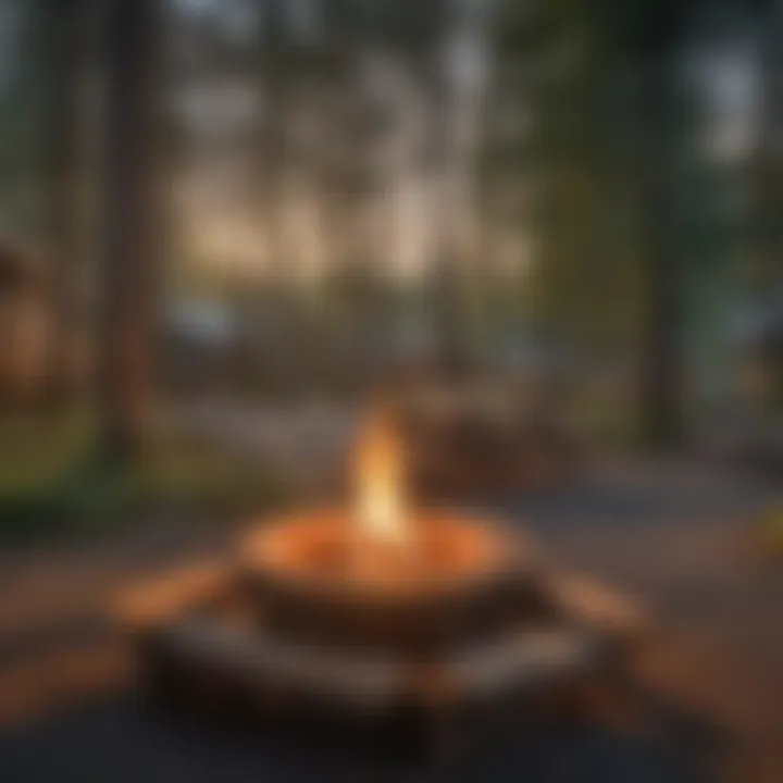 Campsite amenities including picnic tables and fire pits