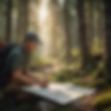 A hiker studying a map amidst the trees.