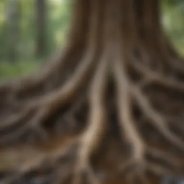 Close-up of tree roots demonstrating their adaptation to wet environments.