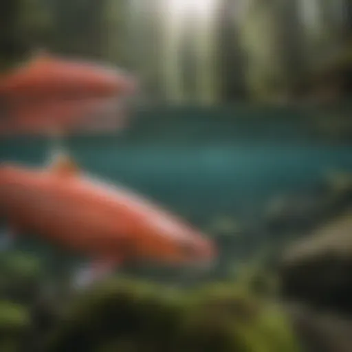 A close-up view of a vibrant salmon swimming upstream