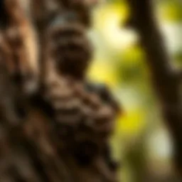 A close-up of a black wasp nest nestled in a tree