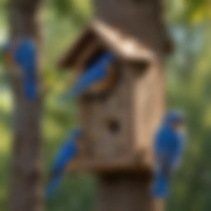 Vibrant bluebirds nesting in a bluebird house