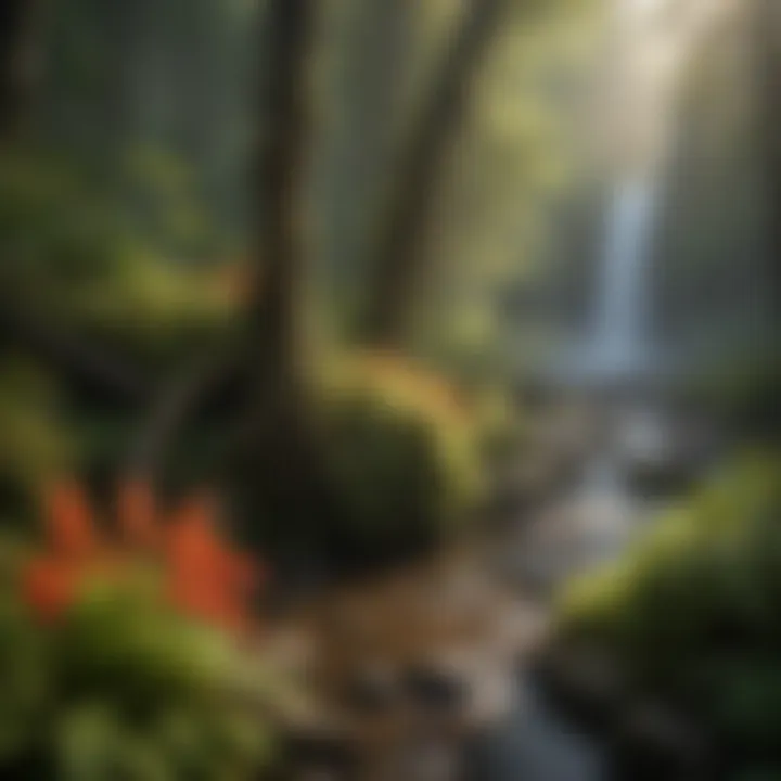 Close-up of diverse flora surrounding the falls