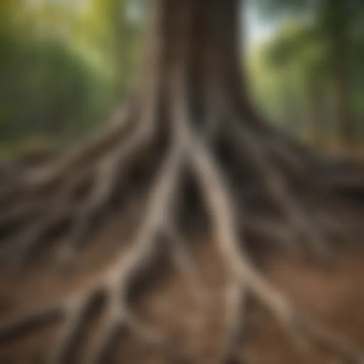 Close-up of tree roots showing signs of stress due to dry links.