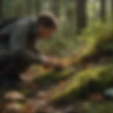 A forager examining mushrooms in the wild