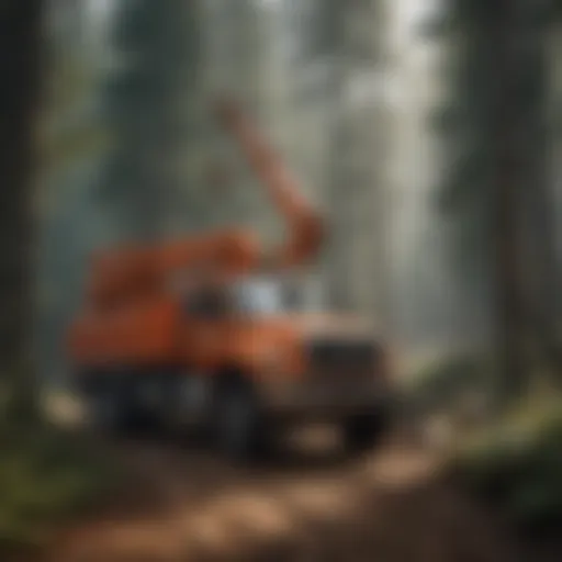 A one ton service truck with crane in a forest setting, showcasing its utility.