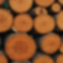 A close-up view of pressure treated logs showcasing their unique texture and color variation.