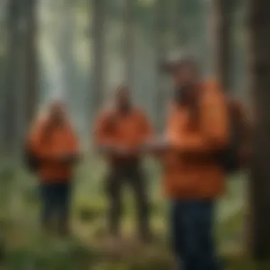 Community members participating in a conservation effort within a woodland area.