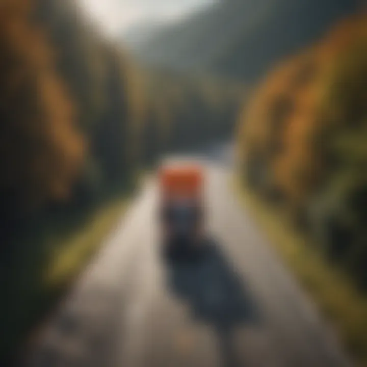 Truck with orange placard driving on a busy highway, highlighting road safety.