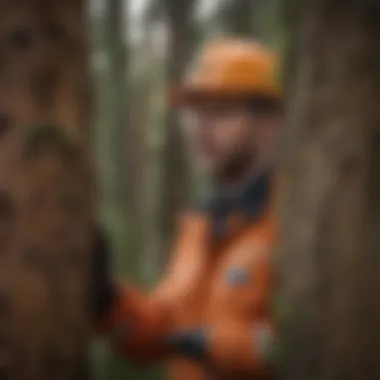 Close-up of a forestry professional examining tree health.