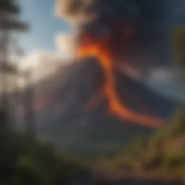Panoramic View of a Volcanic Eruption A panoramic image of a volcanic eruption, illustrating the raw power of nature