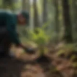 A diverse group of volunteers planting saplings in a lush forest.