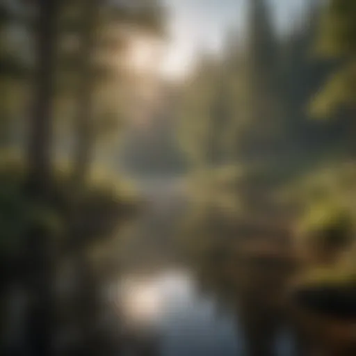 A serene landscape depicting a freshwater lake reflecting the sky