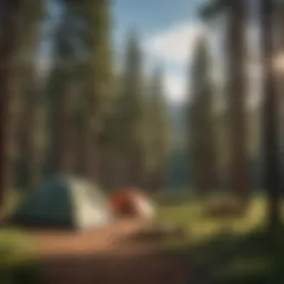 A serene campsite nestled among towering pine trees in Colorado's national forest.