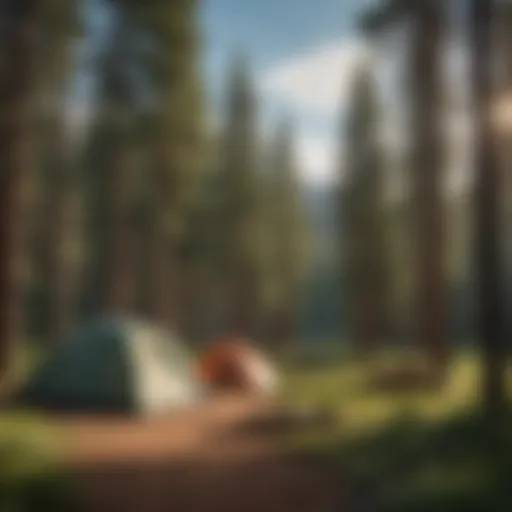 A serene campsite nestled among towering pine trees in Colorado's national forest.