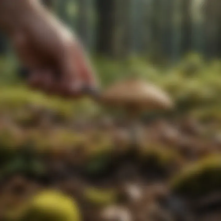 A close-up of a mushroom being picked from the ground