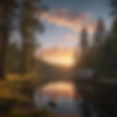 Sunset view at a serene RV camping spot by the water A cozy RV parked near a tranquil lake at sunset