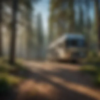 A picturesque RV camping location in nature Scenic RV campsite surrounded by tall trees and a clear blue sky