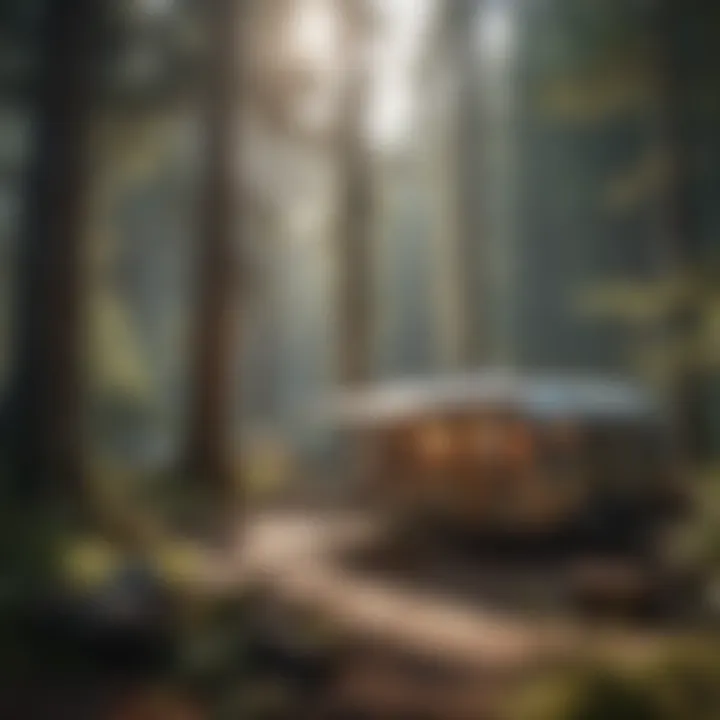 A scenic campsite nestled among towering trees