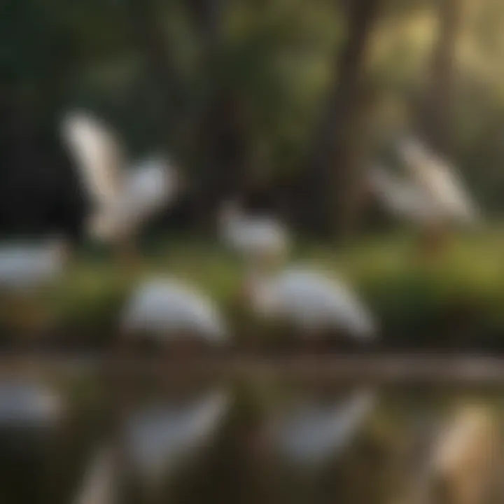 A flock of white ibis foraging in a wetland area