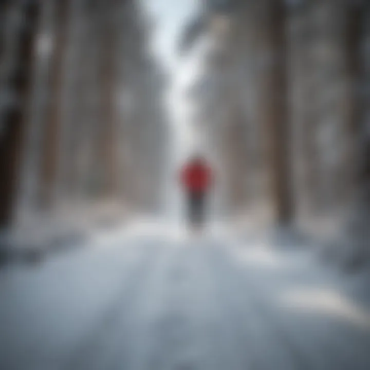 Cross country skier gliding through a snowy forest