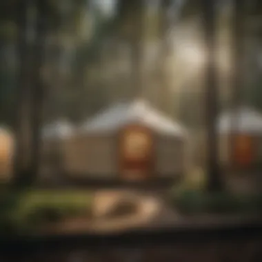 Diverse types of yurts displayed in a quaint sales lot